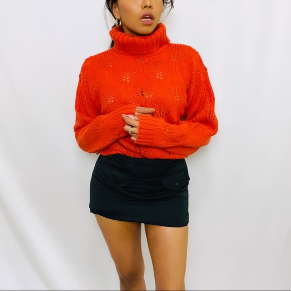 Vintage | Orange Pointelle Drop Shoulder Balloon Sleeve Turtleneck Sweater - Picture 9 of 13